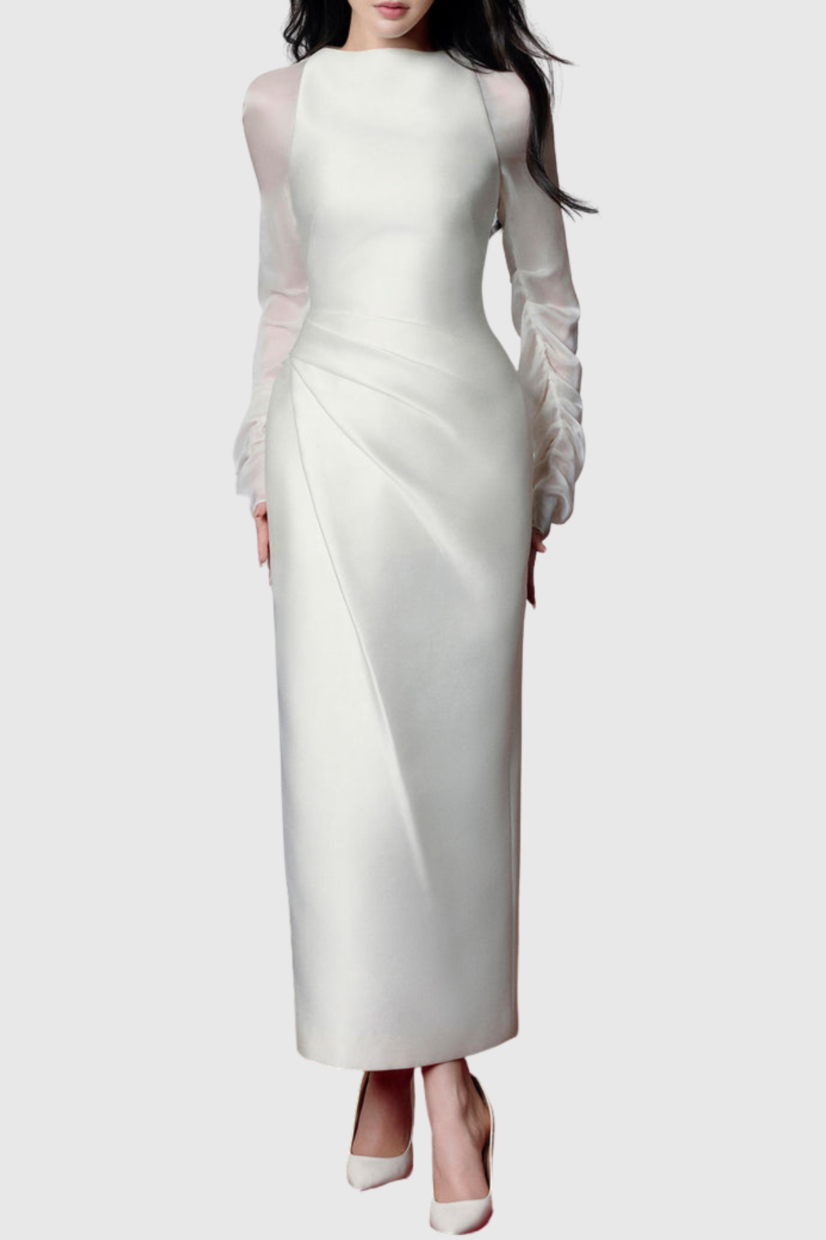 Eamoa Mesh Long Sleeve Ruched Maxi Dress