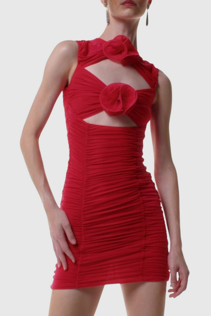 Earls Floral Sleeveless Ruched Mesh Mini Dress