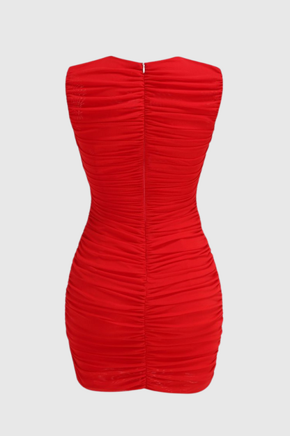 Earls Floral Sleeveless Ruched Mesh Mini Dress