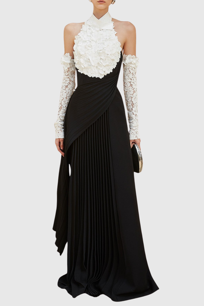 Easton Floral Appliqué Lace Pleated Maxi Dress