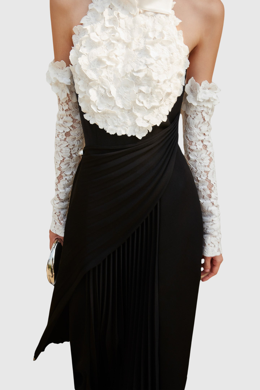 Easton Floral Appliqué Lace Pleated Maxi Dress
