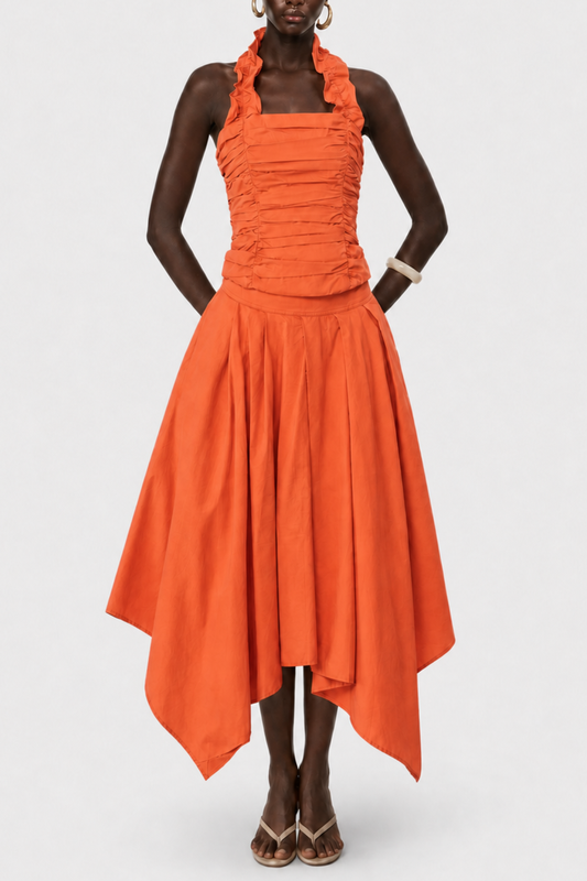 Edelwia Halter Asymmetric Ruffle Midi Dress - Orange