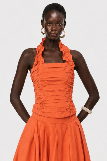 Edelwia Halter Asymmetric Ruffle Midi Dress - Orange