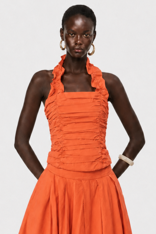 Edelwia Halter Asymmetric Ruffle Midi Dress - Orange