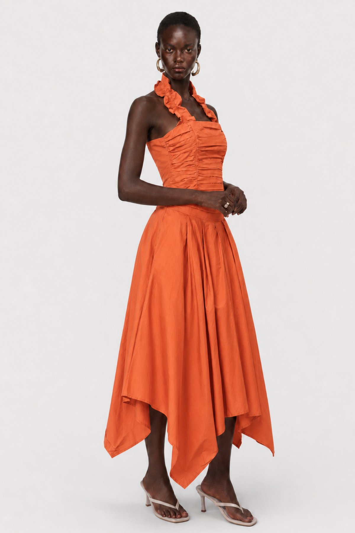 Edelwia Halter Asymmetric Ruffle Midi Dress - Orange