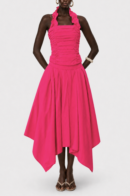 Edelwia Halter Asymmetric Ruffle Midi Dress - Pink