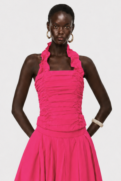 Edelwia Halter Asymmetric Ruffle Midi Dress - Pink