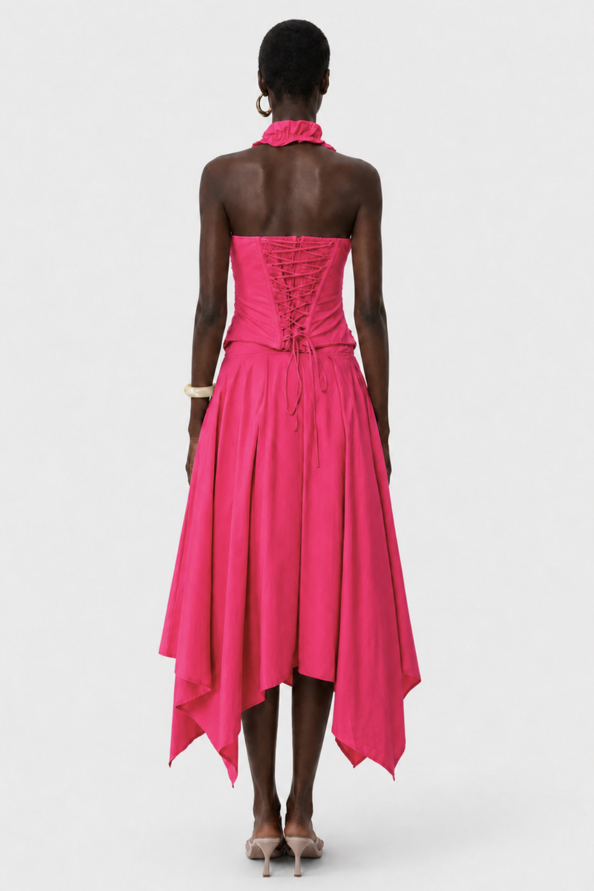 Edelwia Halter Asymmetric Ruffle Midi Dress - Pink