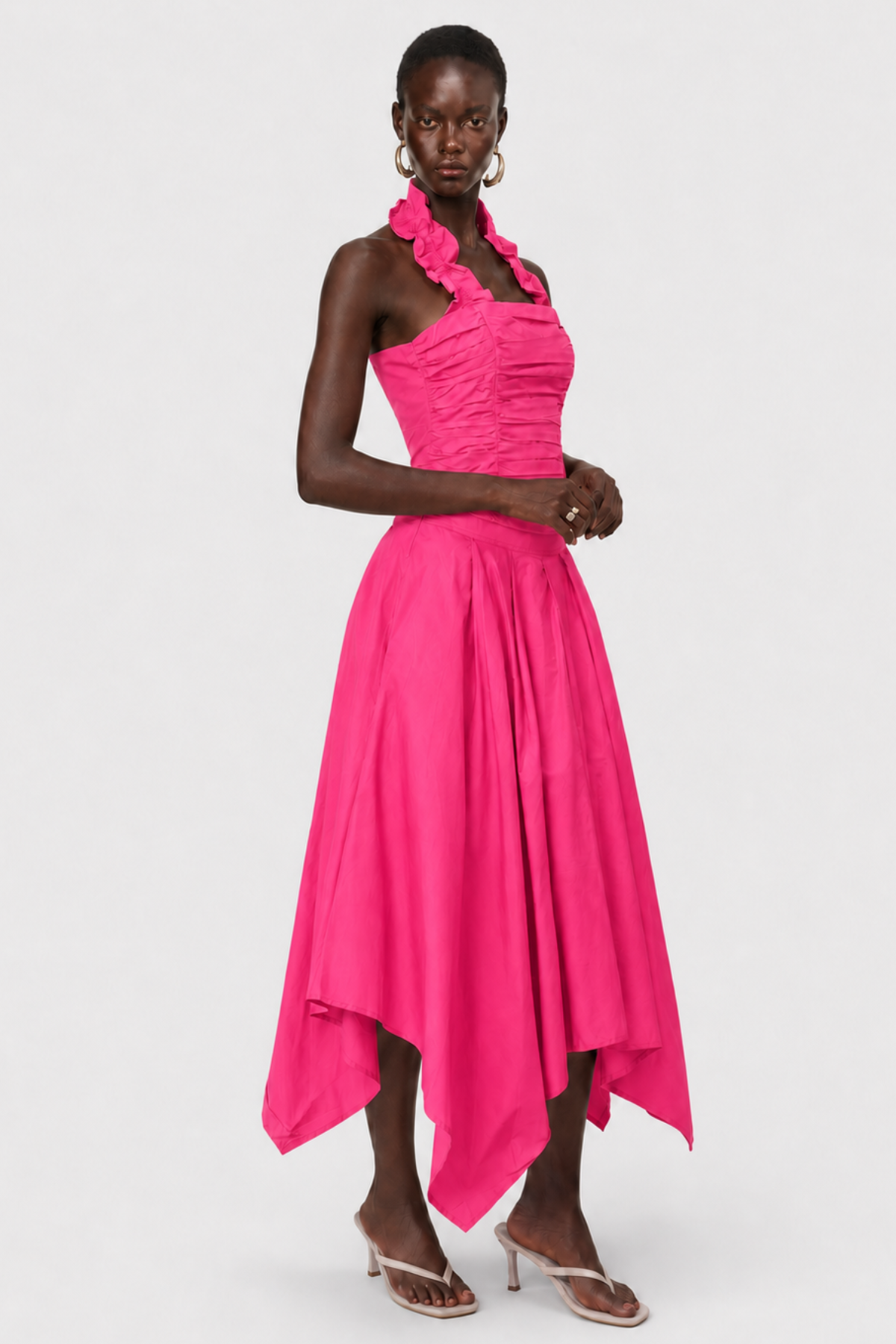 Edelwia Halter Asymmetric Ruffle Midi Dress - Pink
