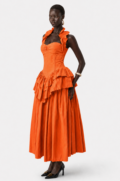 Edelwia Halter Ruffle Maxi Dress - Orange