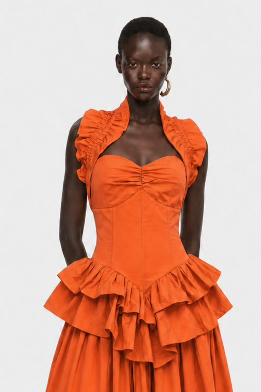 Edelwia Halter Ruffle Maxi Dress - Orange