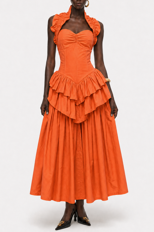 Edelwia Halter Ruffle Maxi Dress - Orange