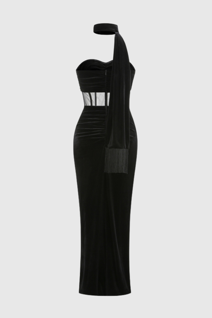 Edmuna Strapless Corset Velvet Ruched Maxi Dress