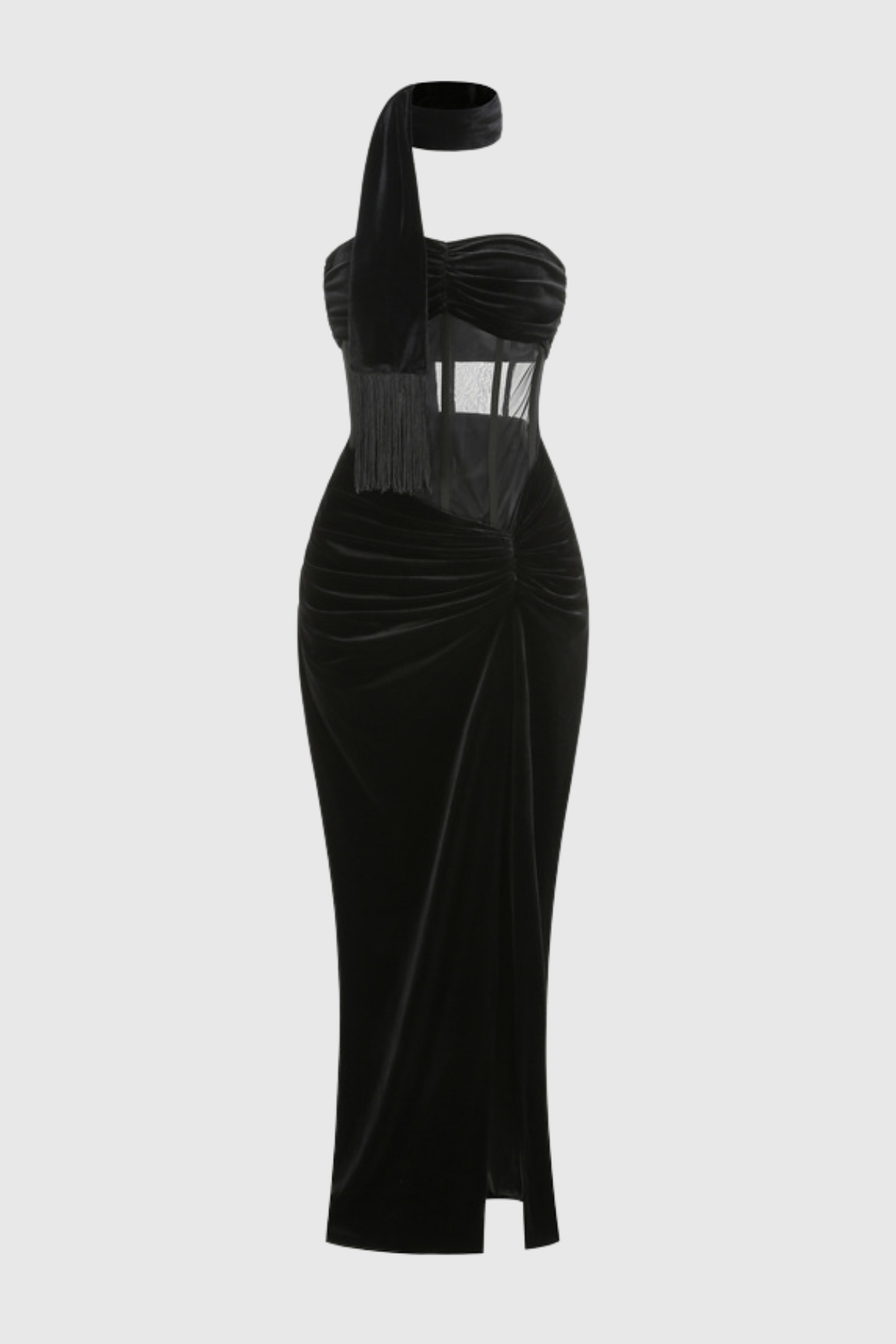 Edmuna Strapless Corset Velvet Ruched Maxi Dress