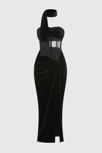 Edmuna Strapless Corset Velvet Ruched Maxi Dress