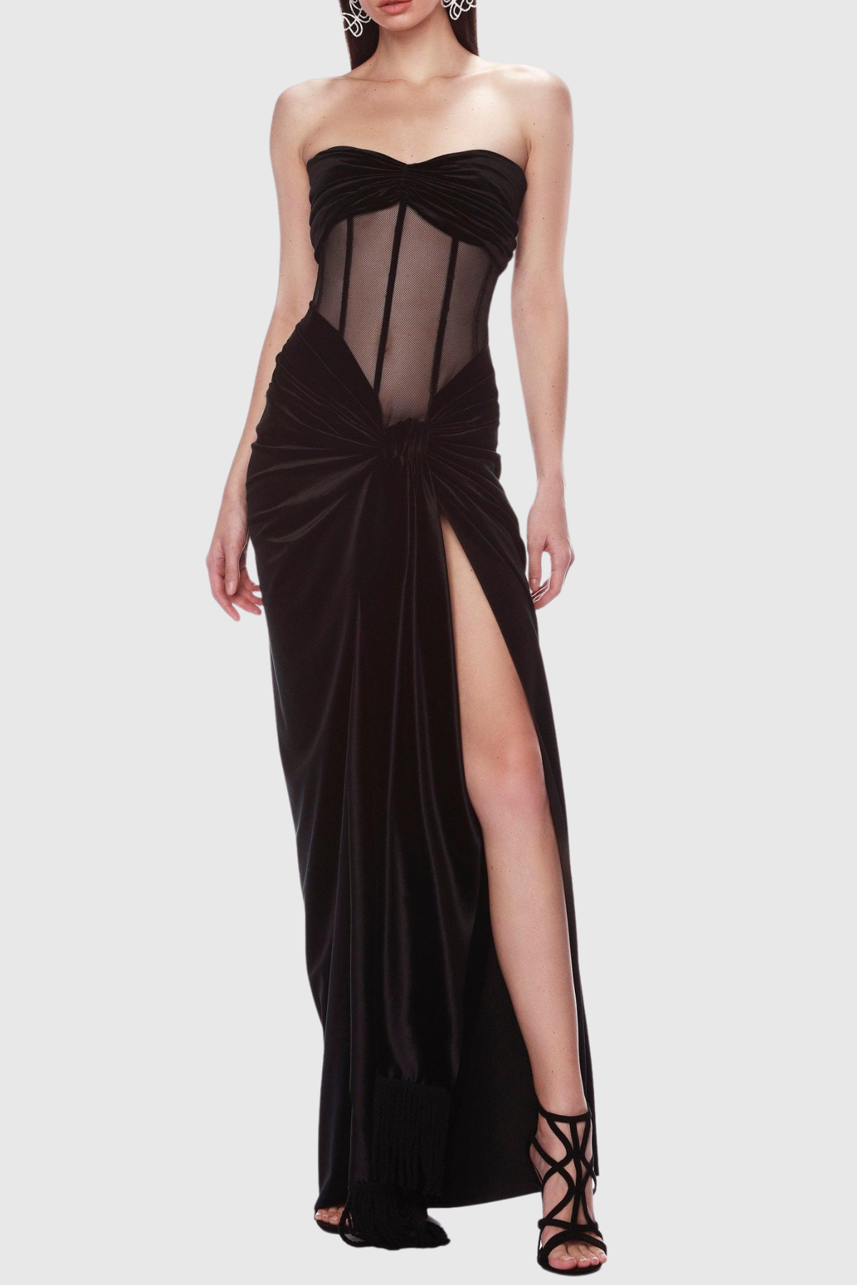 Edmuna Strapless Corset Velvet Ruched Maxi Dress