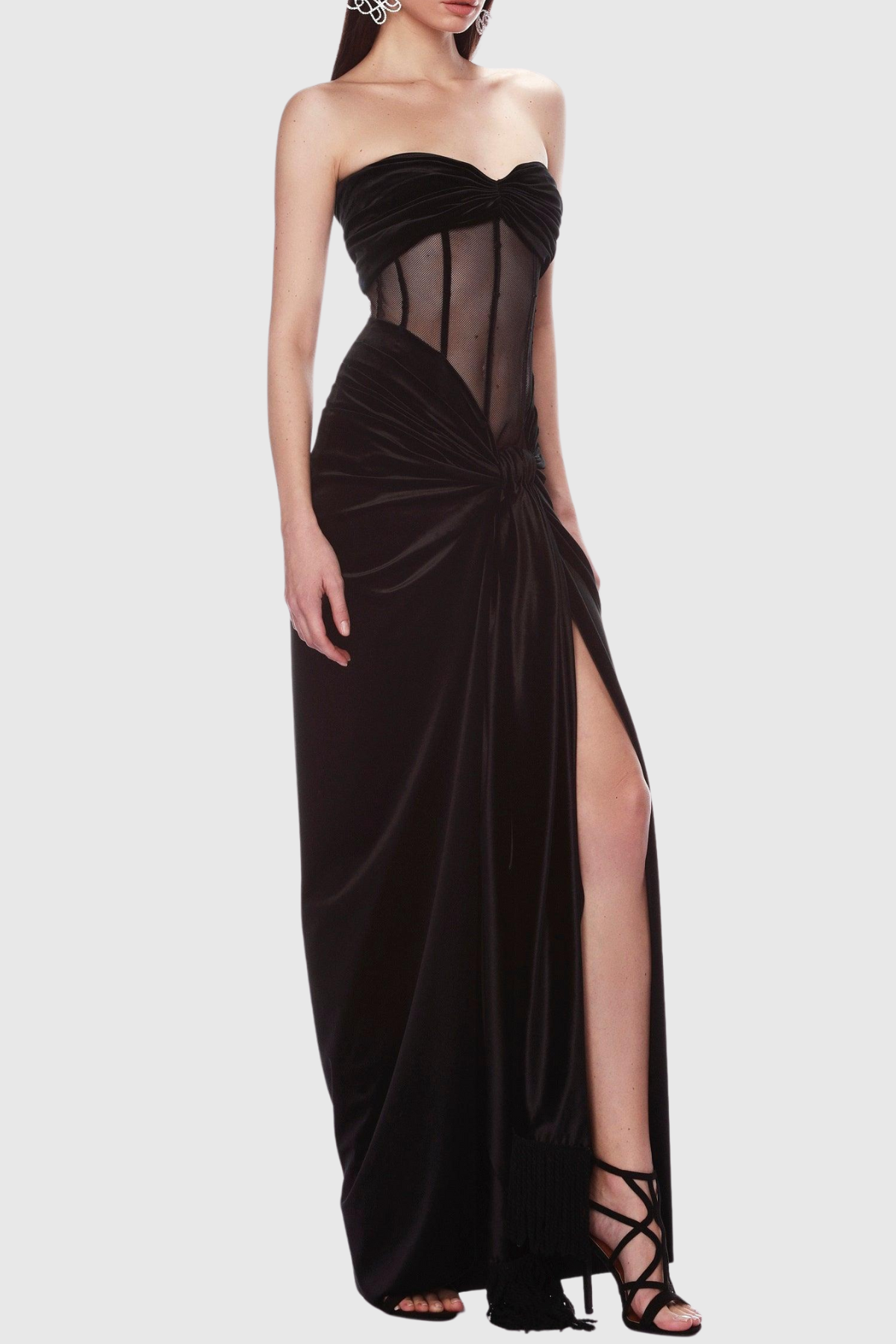 Edmuna Strapless Corset Velvet Ruched Maxi Dress