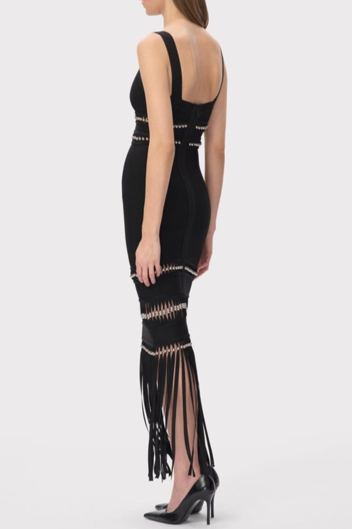 Efron Cutout Fringe Maxi Bandage Dress - Black