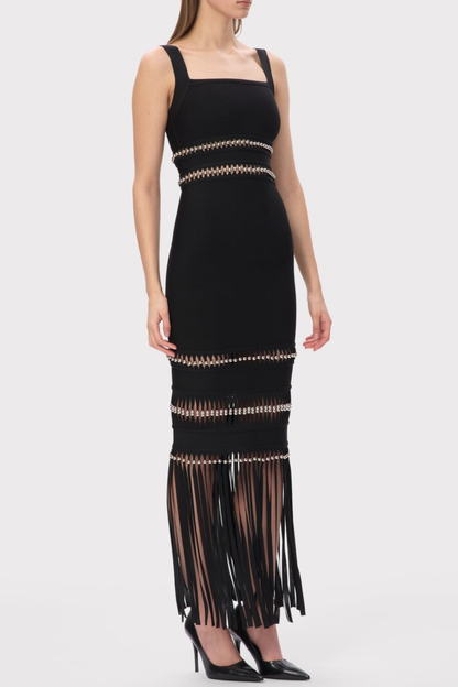 Efron Cutout Fringe Maxi Bandage Dress - Black