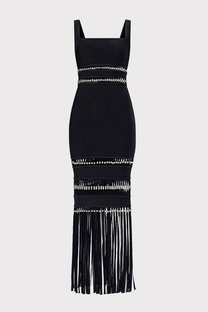 Efron Cutout Fringe Maxi Bandage Dress - Black