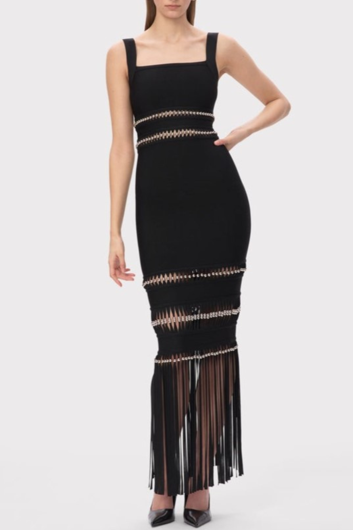 Efron Cutout Fringe Maxi Bandage Dress - Black