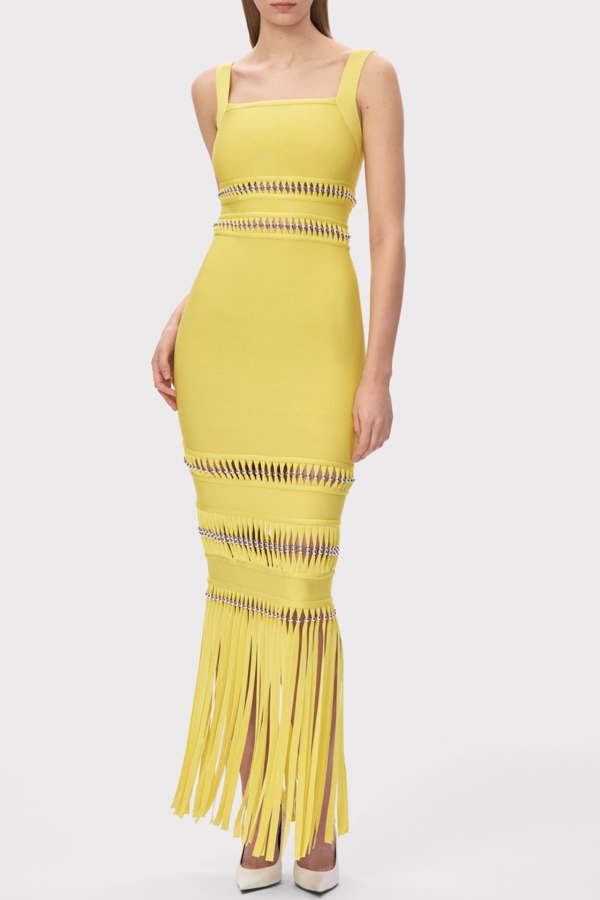 Efron Cutout Fringe Maxi Bandage Dress - Yellow