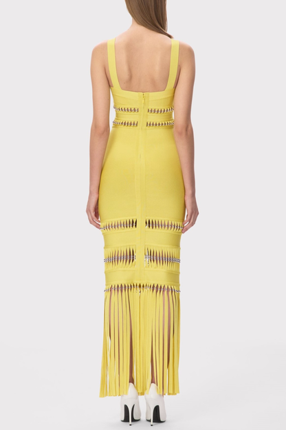 Efron Cutout Fringe Maxi Bandage Dress - Yellow