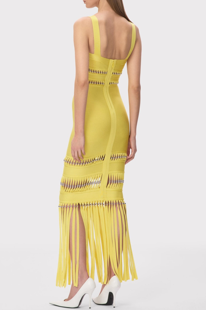 Efron Cutout Fringe Maxi Bandage Dress - Yellow
