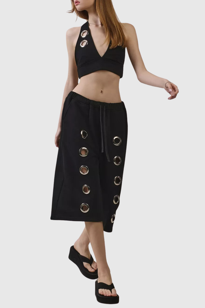 Eianne Eyelets Top & Midi Shorts Set - Black