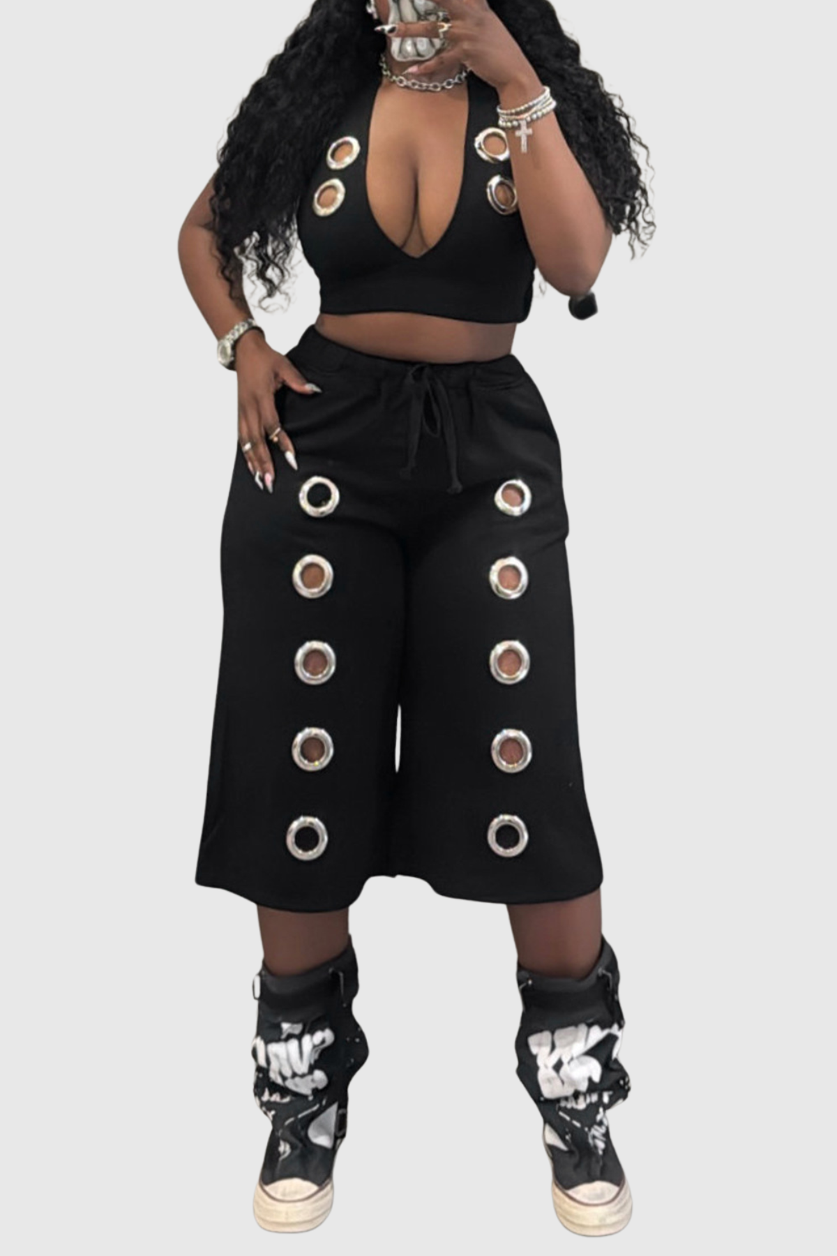 Eianne Eyelets Top & Midi Shorts Set - Black