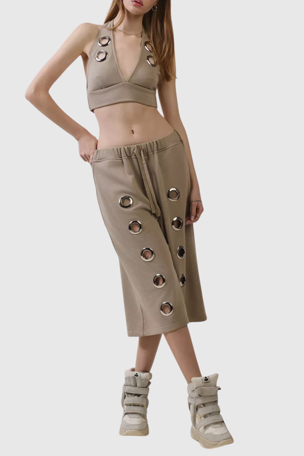 Eianne Eyelets Top & Midi Shorts Set - Khaki