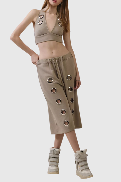 Eianne Eyelets Top & Midi Shorts Set - Khaki