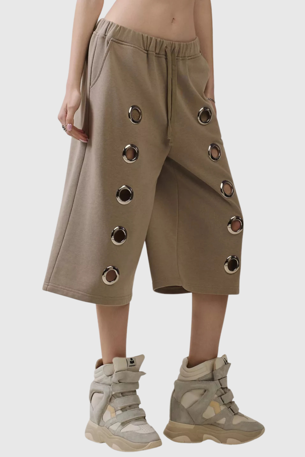 Eianne Eyelets Top & Midi Shorts Set - Khaki