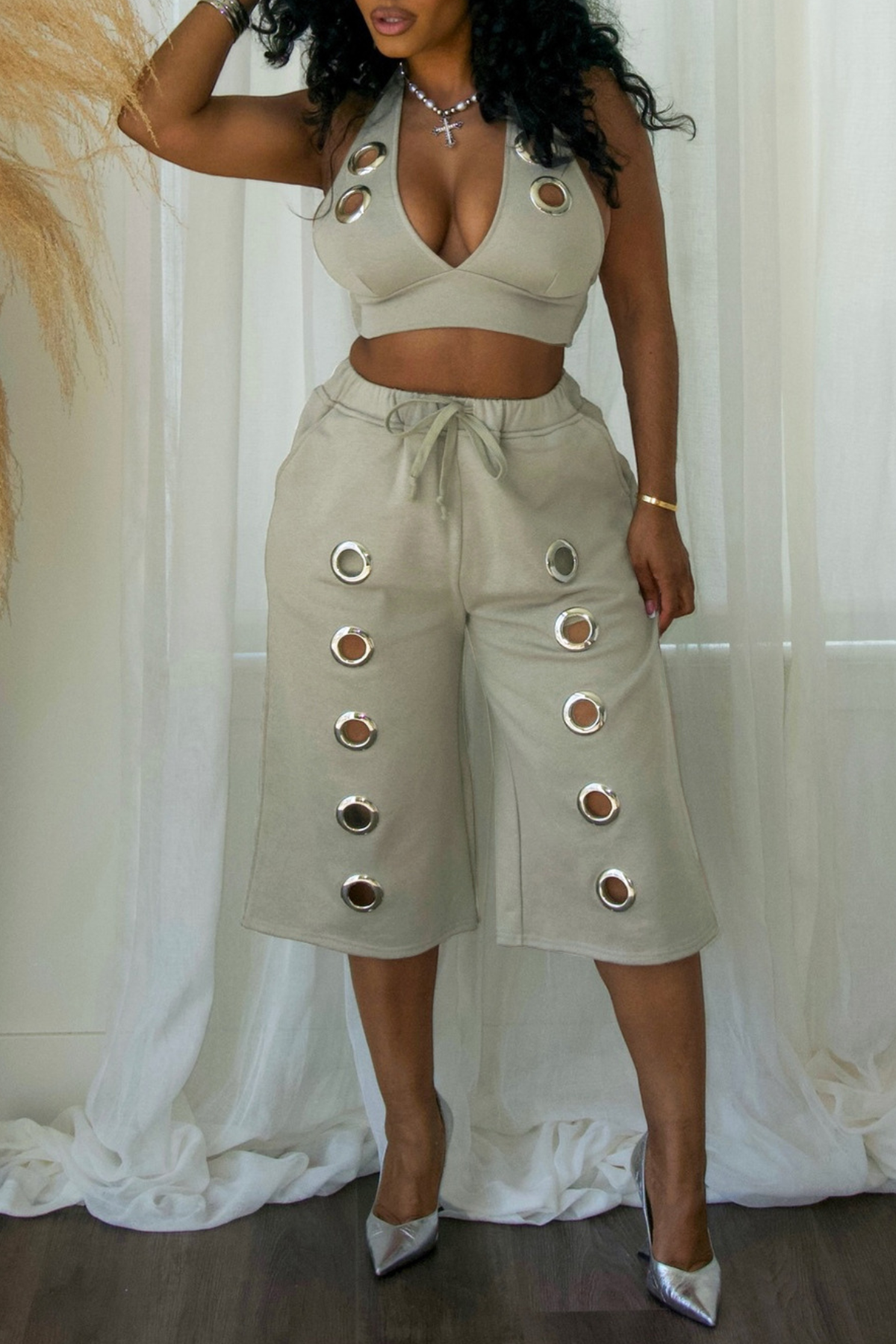 Eianne Eyelets Top & Midi Shorts Set - Khaki