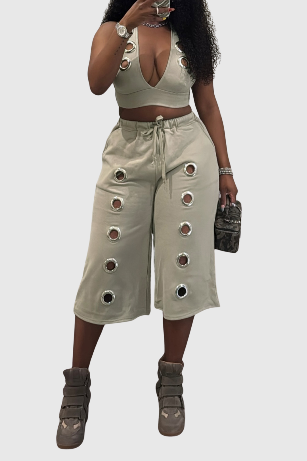 Eianne Eyelets Top & Midi Shorts Set - Khaki
