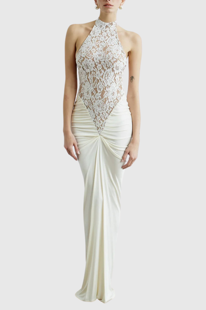 Eileen Halter Lace Ruched Maxi Dress - White