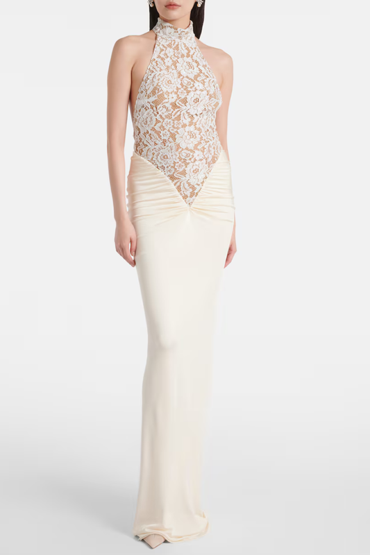 Eileen Halter Lace Ruched Maxi Dress - White