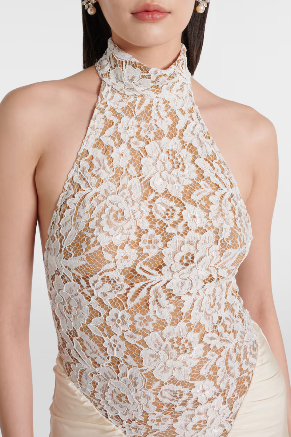 Eileen Halter Lace Ruched Maxi Dress - White