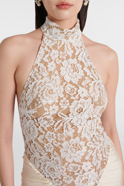 Eileen Halter Lace Ruched Maxi Dress - White