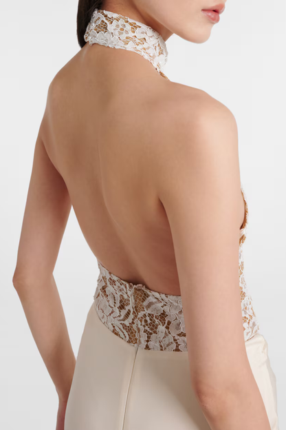 Eileen Halter Lace Ruched Maxi Dress - White