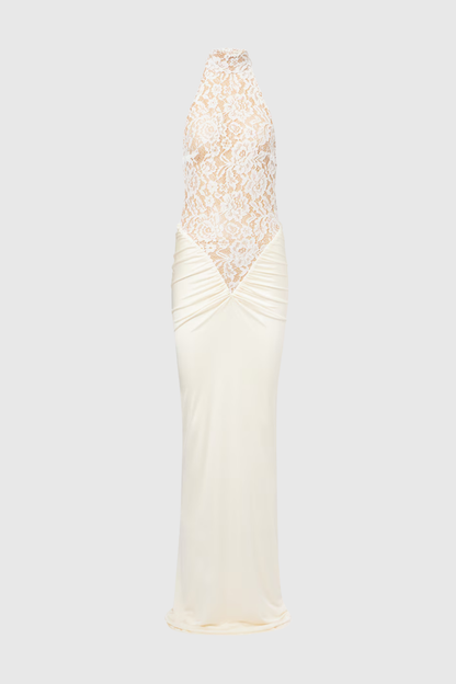 Eileen Halter Lace Ruched Maxi Dress - White