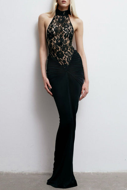 Eileen Halter Lace Ruched Maxi Dress - Black