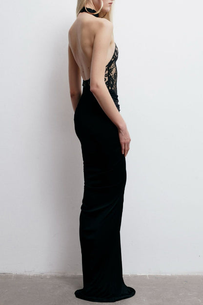 Eileen Halter Lace Ruched Maxi Dress - Black