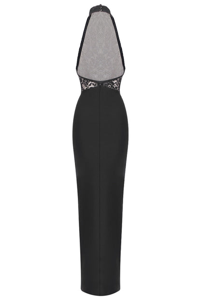 Eileen Halter Lace Ruched Maxi Dress - Black