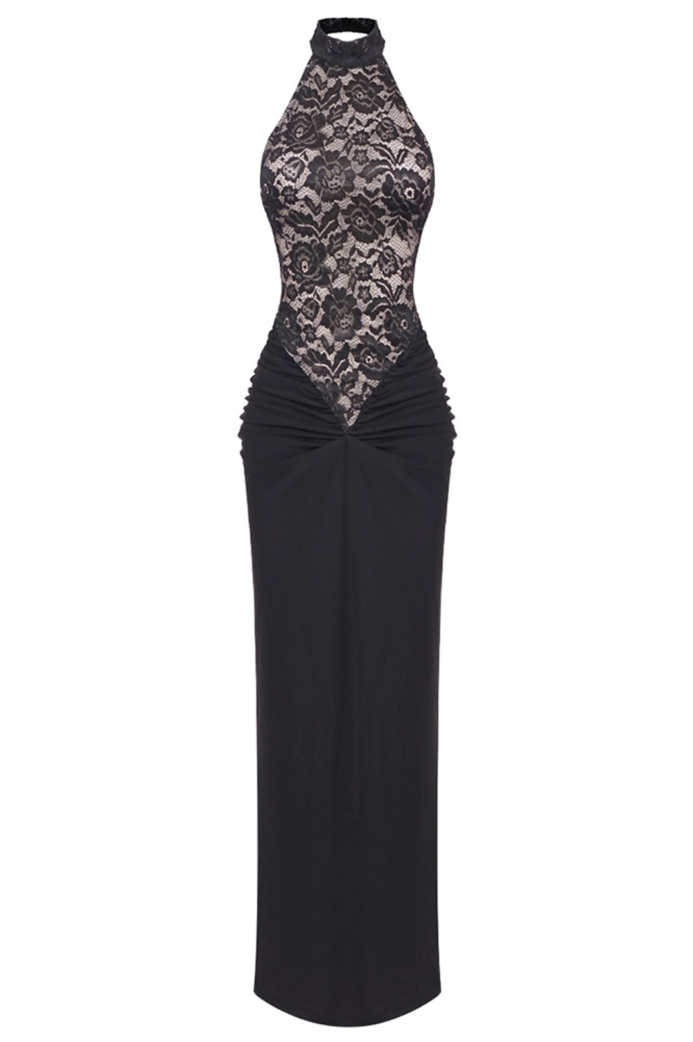 Eileen Halter Lace Ruched Maxi Dress - Black