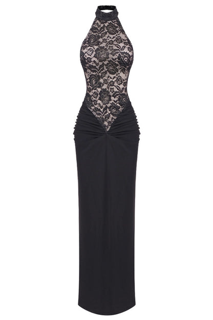 Eileen Halter Lace Ruched Maxi Dress - Black