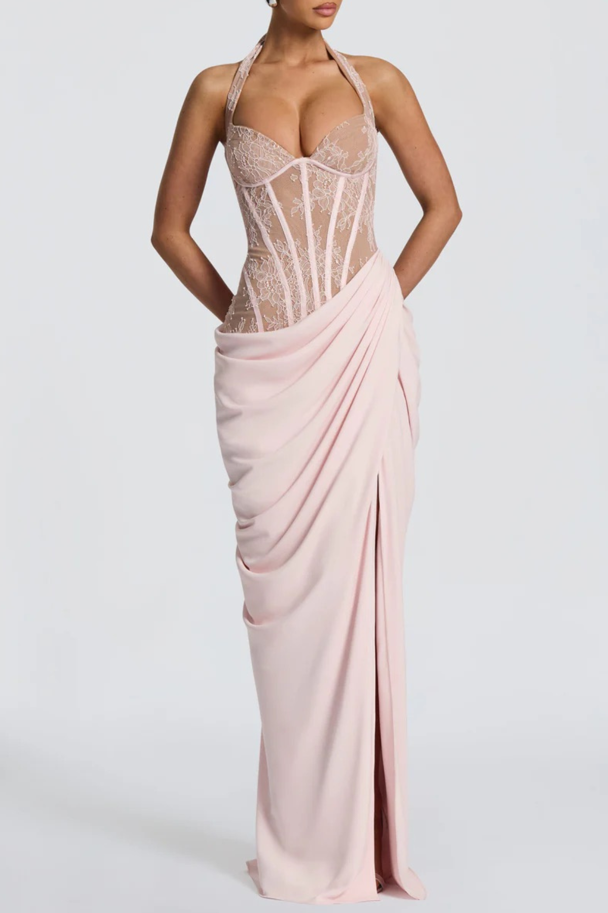 Eilisa Halter Lace Corset Split Maxi Dress - Pink