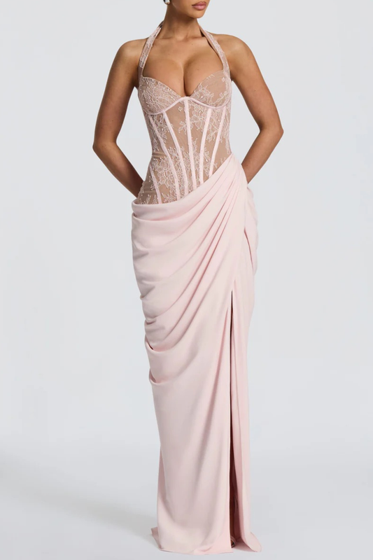 Eilisa Halter Lace Corset Split Maxi Dress - Pink