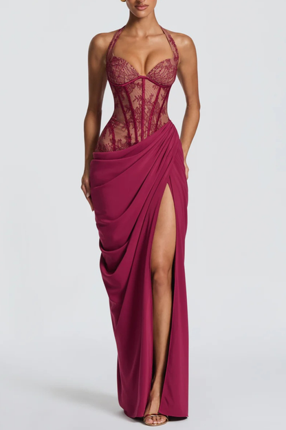 Eilisa Halter Lace Corset Split Maxi Dress - Wine