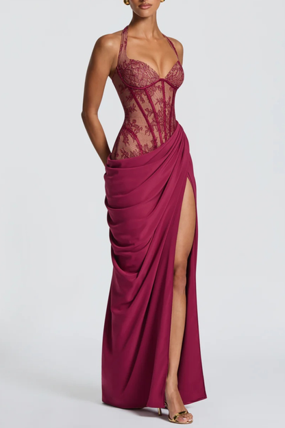 Eilisa Halter Lace Corset Split Maxi Dress - Wine
